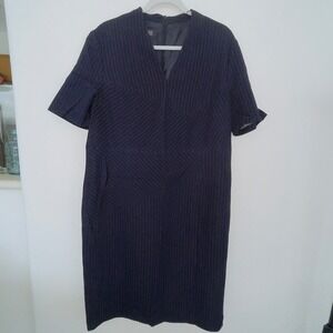 Basler Navy Blue Pinstripe Short Sleeve V-Neck Shift Dress Size 12